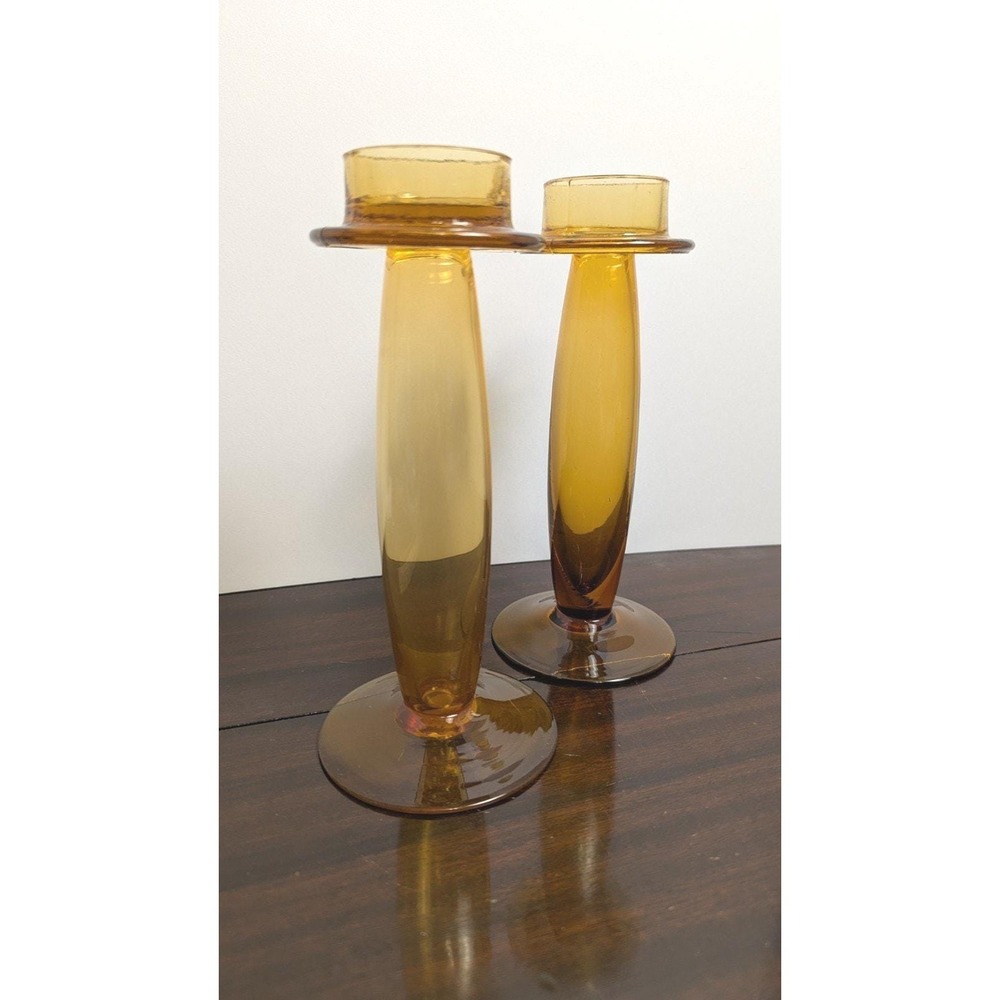 Gardeners Eden Vintage Amber Glass Candle Holders Pair 8in Mid Century Modern